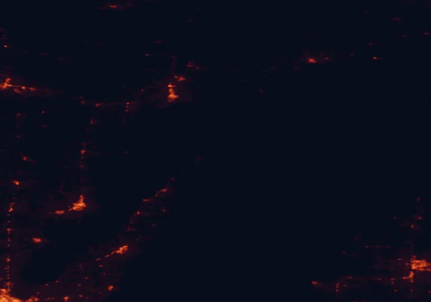 Satellite night-light map of the 100 km around Rock Island State Park, with Escanaba, Marinette and Traverse City marked