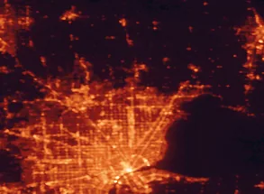 Satellite night-light map of the 50 km around Shelby, with Detroit, Sterling Heights and Windsor marked