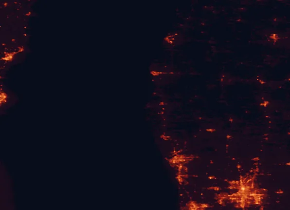 Satellite night-light map of the 100 km around Silver Lake State Park, with Grand Rapids, Wyoming and Muskegon marked
