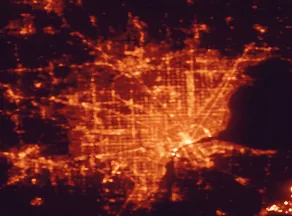 Satellite night-light map of the 50 km around Southfield, with Detroit, Windsor and Warren marked