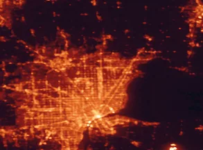 Satellite night-light map of the 50 km around Sterling Heights, with Detroit, Warren and Windsor marked