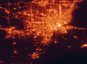 Satellite night-light map of the 50 km around Taylor, with Detroit, Windsor and Dearborn marked