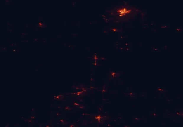 Satellite night-light map of the 100 km around The Headlands, with Sault Ste. Marie and Sault Ste. Marie marked