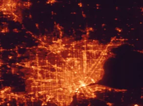 Satellite night-light map of the 50 km around Troy, with Detroit, Sterling Heights and Windsor marked