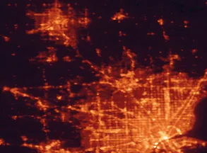 Satellite night-light map of the 50 km around Waterford, with Detroit, Windsor and Sterling Heights marked