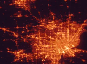 Satellite night-light map of the 50 km around West Bloomfield Township, with Detroit, Windsor and Farmington Hills marked