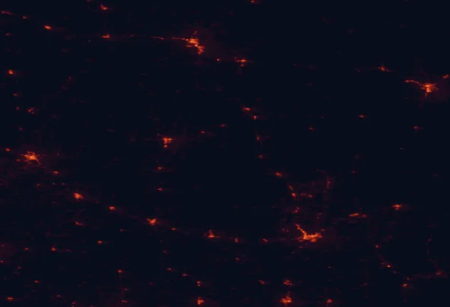 Satellite night-light map of the 100 km around Badoura State Forest, with Bemidji, Brainerd and Grand Rapids marked