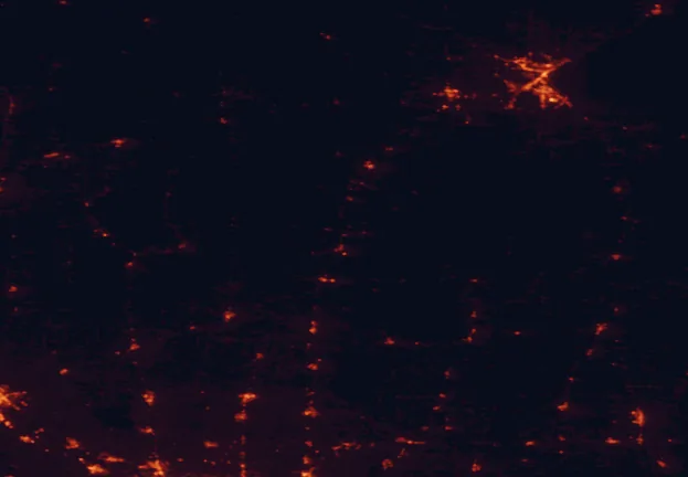 Satellite night-light map of the 100 km around Banning State Park, with Duluth, Superior and Cloquet marked