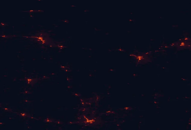 Satellite night-light map of the 100 km around Battleground State Forest, with Bemidji, Grand Rapids and Hibbing marked