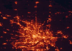Satellite night-light map of the 50 km around Blaine, with Minneapolis, Saint Paul and Coon Rapids marked