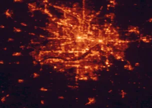 Satellite night-light map of the 50 km around Bloomington, with Minneapolis, Saint Paul and Burnsville marked