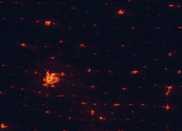 Satellite night-light map of the 100 km around Blue Mounds State Park, with Sioux Falls, Brookings and Worthington marked