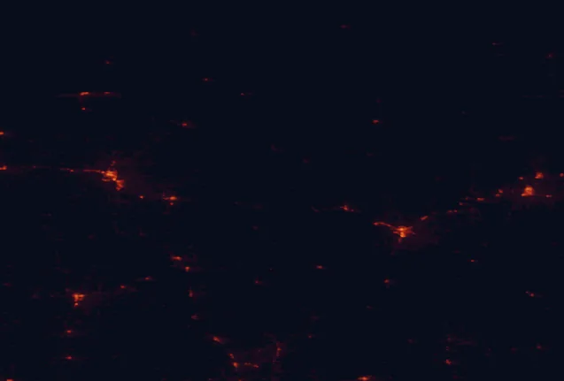 Satellite night-light map of the 100 km around Bowstring State Forest, with Bemidji, Grand Rapids and Hibbing marked