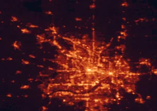 Satellite night-light map of the 50 km around Brooklyn Park, with Minneapolis, Saint Paul and Coon Rapids marked