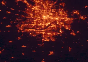 Satellite night-light map of the 50 km around Burnsville, with Minneapolis, Saint Paul and Bloomington marked