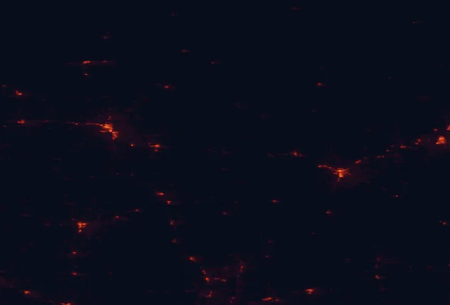 Satellite night-light map of the 100 km around Chippewa National Forest, with Bemidji and Grand Rapids marked