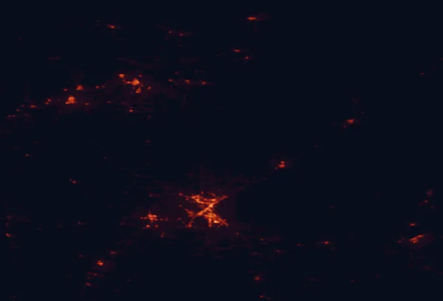 Satellite night-light map of the 100 km around Cloquet Valley State Forest, with Duluth, Superior and Hermantown marked