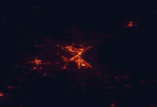 Satellite night-light map of the 50 km around Duluth, with Superior, Hermantown and Cloquet marked