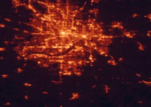 Satellite night-light map of the 50 km around Eagan, with Minneapolis, Saint Paul and Bloomington marked