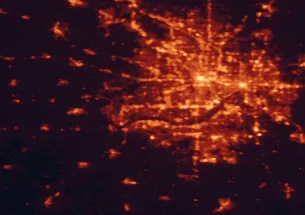 Satellite night-light map of the 50 km around Eden Prairie, with Minneapolis, Saint Paul and Bloomington marked