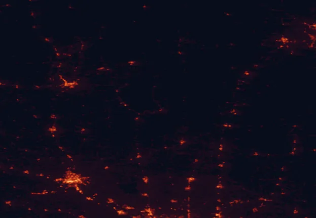 Satellite night-light map of the 100 km around Father Hennepin State Park, with Saint Cloud, Elk River and Brainerd marked