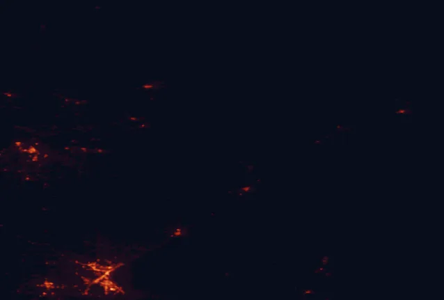 Satellite night-light map of the 100 km around Finland State Forest, with Duluth, Superior and Cloquet marked