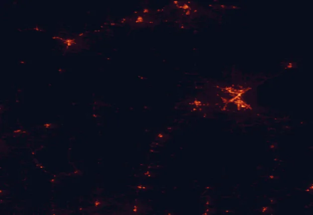 Satellite night-light map of the 100 km around Fond du Lac State Forest, with Duluth, Superior and Cloquet marked