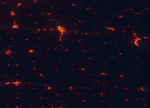 Satellite night-light map of the 100 km around Forestville/Mystery Cave State Park, with Rochester, La Crosse and North La Crosse marked