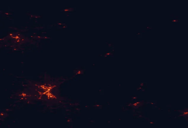 Satellite night-light map of the 100 km around Gooseberry Falls State Park, with Duluth, Superior and Cloquet marked