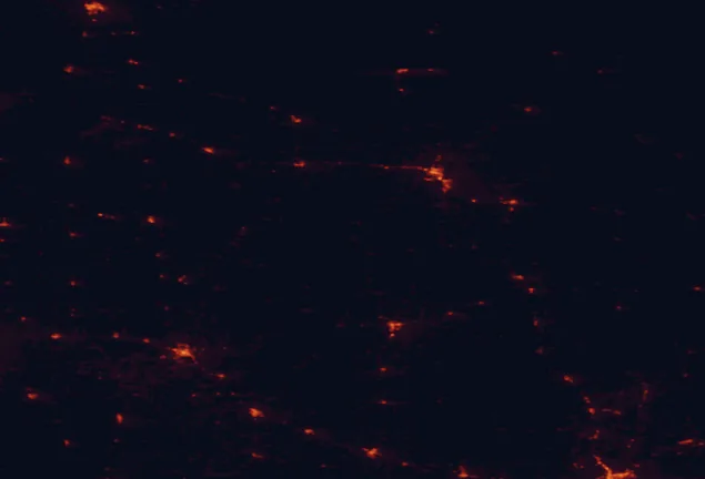 Satellite night-light map of the 100 km around Itasca State Park, with Bemidji and Detroit Lakes marked