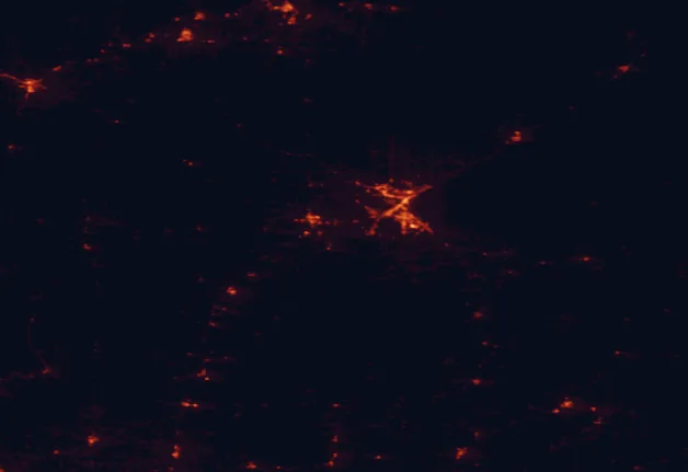 Satellite night-light map of the 100 km around Jay Cooke State Park, with Duluth, Superior and Cloquet marked