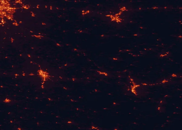 Satellite night-light map of the 100 km around John A. Latsch State Park, with Rochester, Eau Claire and Winona marked