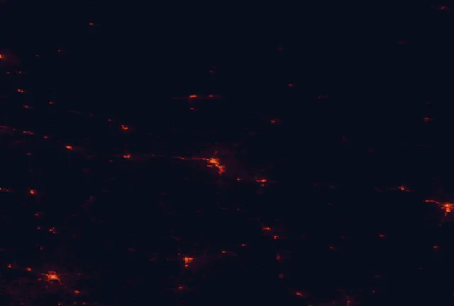 Satellite night-light map of the 100 km around Lake Bemidji State Park, with Bemidji and Detroit Lakes marked