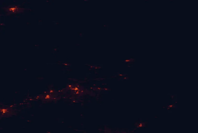 Satellite night-light map of the 100 km around Lake Vermilion-Soudan Underground Mine State Park, with Hibbing and Virginia marked