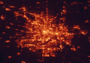 Satellite night-light map of the 50 km around Minneapolis, with Saint Paul, Bloomington and Brooklyn Park marked