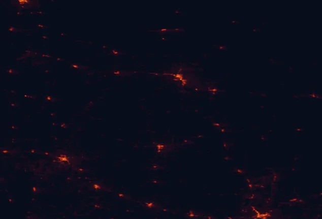 Satellite night-light map of the 100 km around Paul Bunyan State Forest, with Bemidji and Detroit Lakes marked