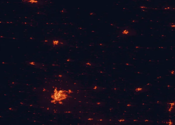 Satellite night-light map of the 100 km around Pipestone National Monument, with Sioux Falls, Brookings and Marshall marked