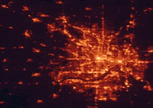 Satellite night-light map of the 50 km around Plymouth, with Minneapolis, Saint Paul and Maple Grove marked