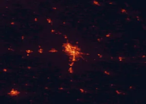 Satellite night-light map of the 50 km around Rochester, with Austin, Byron and Stewartville marked