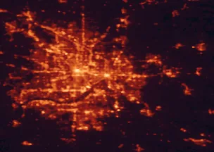Satellite night-light map of the 50 km around Saint Paul, with Minneapolis, Woodbury and Bloomington marked