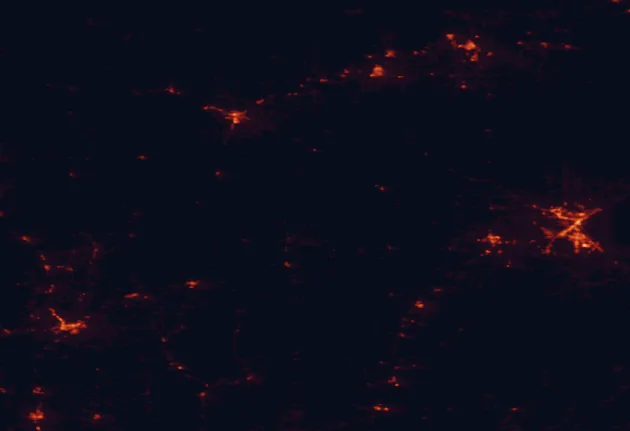 Satellite night-light map of the 100 km around Savanna State Forest, with Duluth, Superior and Hibbing marked