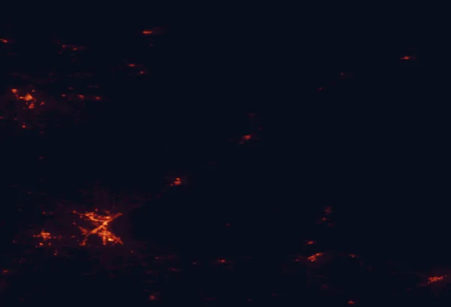 Satellite night-light map of the 100 km around Split Rock Lighthouse State Park, with Duluth, Superior and Cloquet marked