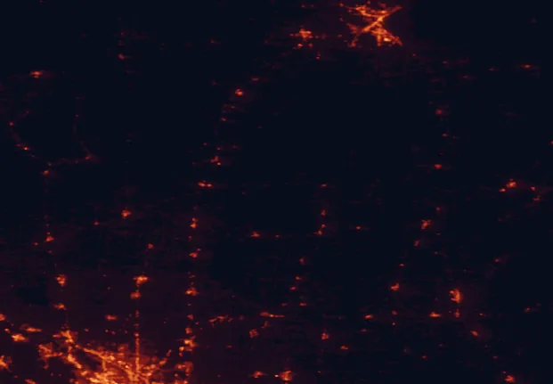 Satellite night-light map of the 100 km around St. Croix State Park, with Duluth, Blaine and West Coon Rapids marked