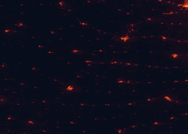 Satellite night-light map of the 100 km around Upper Sioux Agency State Park, with Willmar, Marshall and Hutchinson marked