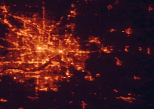 Satellite night-light map of the 50 km around Woodbury, with Saint Paul, Minneapolis and Maplewood marked