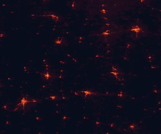 Satellite night-light map of the 100 km around Emmett Till and Mamie Till-Mobley National Monument, with Greenville, Greenwood and Clarksdale marked