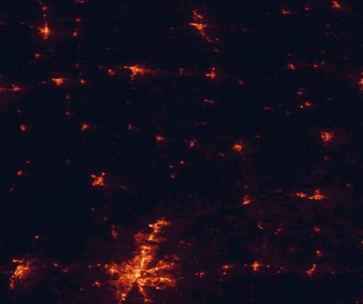 Satellite night-light map of the 100 km around Holmes County State Park, with Jackson, Madison and Ridgeland marked