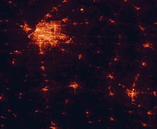 Satellite night-light map of the 100 km around Wall Doxey State Park, with Memphis, Cordova and Collierville marked