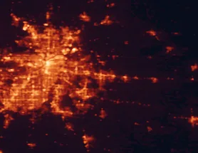 Satellite night-light map of the 50 km around Blue Springs, with Kansas City, Independence and Overland Park marked