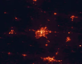 Satellite night-light map of the 50 km around Columbia, with Jefferson City, Fulton and Mexico marked